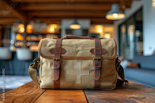 Bag, first aid kit with a red cross stands on a wooden table at home