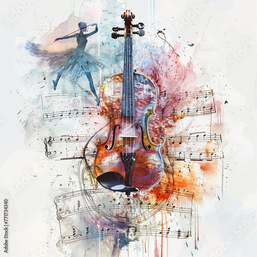 A delicate violin, its body and strings painted in soft watercolors, from which flow elegant waves resembling classical music scores, intertwining with the silhouettes of ballet dancers in motion