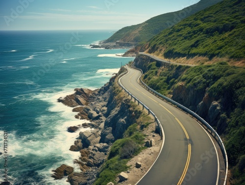 Beautiful coastal road on hills, A close-up coastal road winding along cliff edges embodying the scenic beauty and exhilaration of coastal routes
