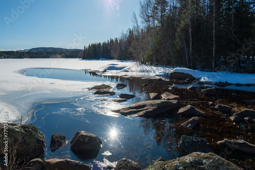 Early spring sun in Northern Sweden reflecting in water.