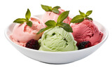 Three creamy scoops of ice cream sit in a white bowl, melting slightly and promising a sweet indulgence