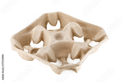 Empty disposable cellulose cup holder for four glasses, isolated on white background.