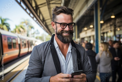 smiling bearded man in train station.