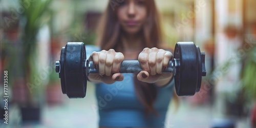 Woman Holding Dumbbell in Front of Face