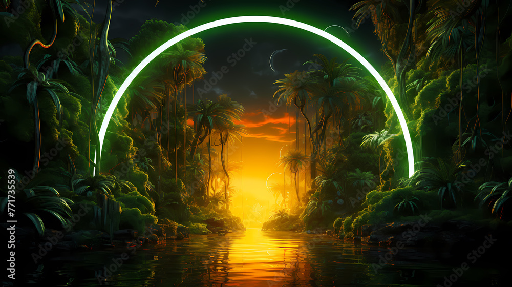 Walled Garden Background With Neon Lighting Circle Walled Garden Background With Neon Lighting Circle