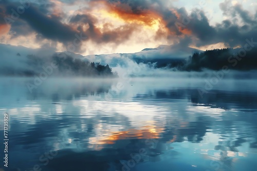 /imagine: A serene lake at dawn, with mist rising from the water