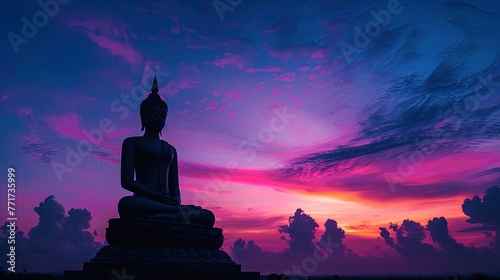 Buddha statue at sunset with colorful sky background, Thailand. © Resi