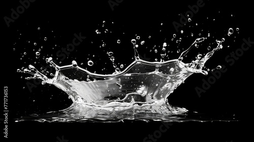  A grayscale picture featuring water droplets on a dark background and a water splash in the foreground