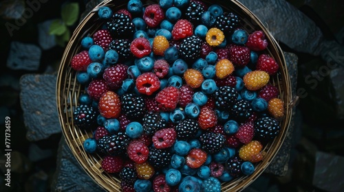  A basket brimming with raspberries, blueberries, and more raspberries on the table
