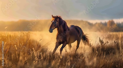 Horse galloping in the field at sunset. Beautiful summer landscape © Resi