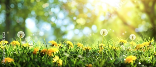 Vibrant spring medow, Lush Green Grass and Dandelions in Sunlit Splendor, Banner Design with Blue Sky Background
