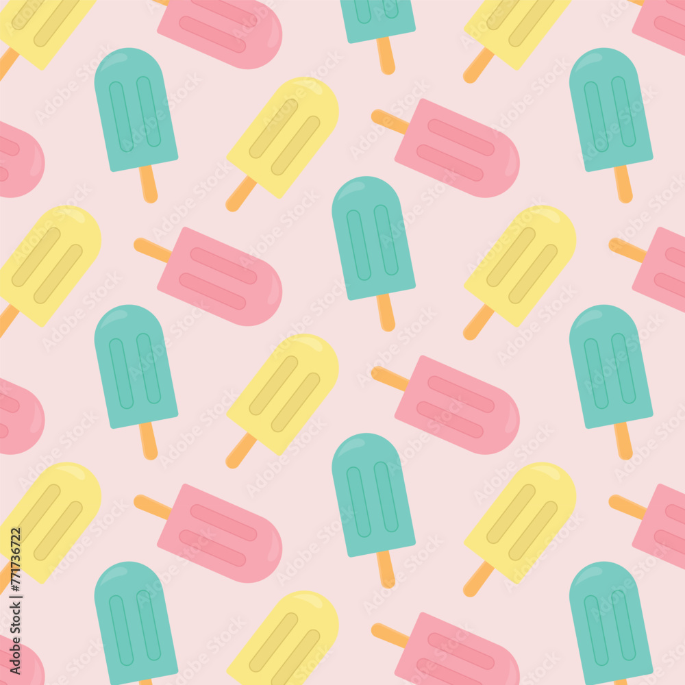 Multi-colored ice cream. Seamless popsicle pattern on a pink background. Vector illustration. Multi-colored ice cream. Seamless popsicle pattern on a pink background. Vector illustration.