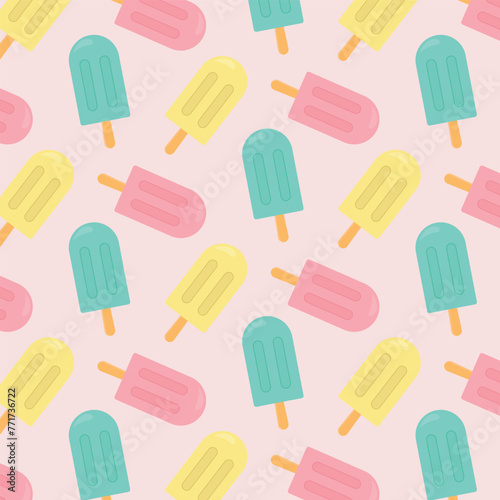 Multi-colored ice cream. Seamless popsicle pattern on a pink background. Vector illustration.