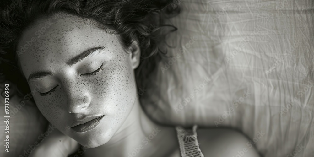 woman lying in bed, eyes shut, resting peacefully.Black and White
