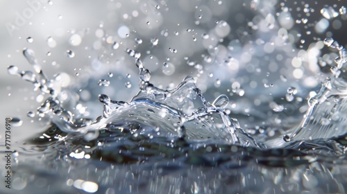  A high-resolution photo depicts a close-up of water splashing on a body of water, featuring droplets
