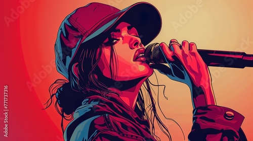 retro style illustration of a female hip hop singer photo