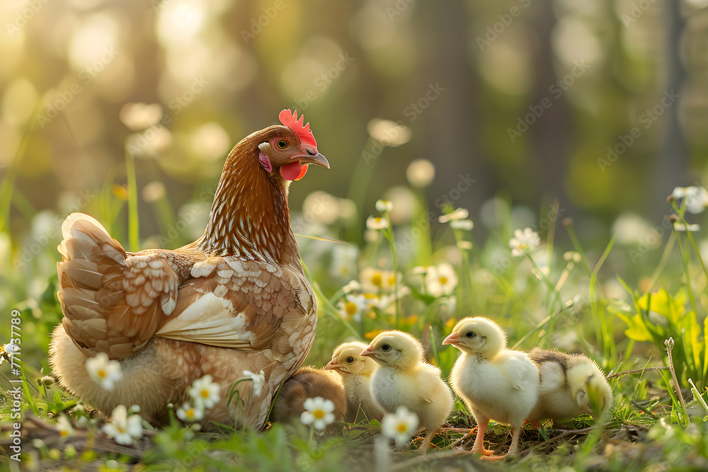 Mother hen with little chickens in a rural yard. Hen guides her brood of tiny chicks in green paddock. Free range chicken on traditional poultry farm. Organic farming, back to nature concept