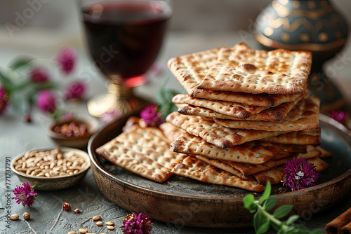 Passover matzos of celebration with matzo unleavened bread in a wooden tray photo