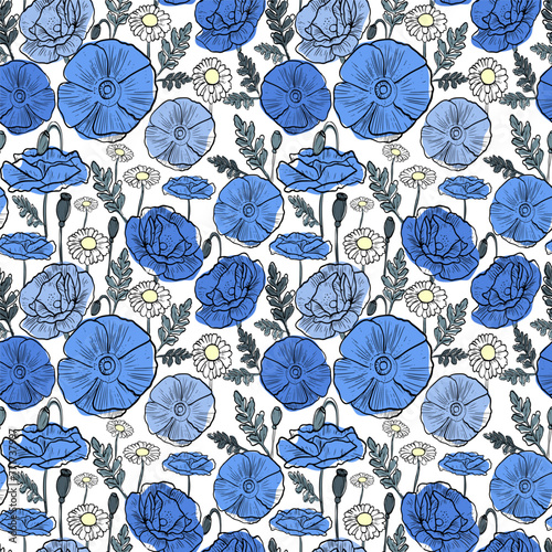 Pattern of blue poppies and daisies, simple floral outline, flat, vector illustration