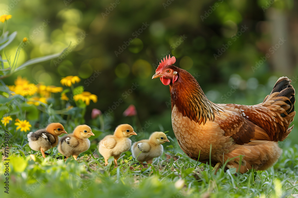 Fototapeta premium Mother hen with little chickens in a rural yard. Hen guides her brood of tiny chicks in green paddock. Free range chicken on traditional poultry farm. Organic farming, back to nature concept