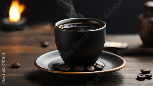 A cup of black coffee on wooden table Generative AI