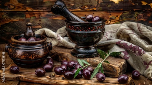  A wooden table, topped with cherries, wine, and olives, is the image