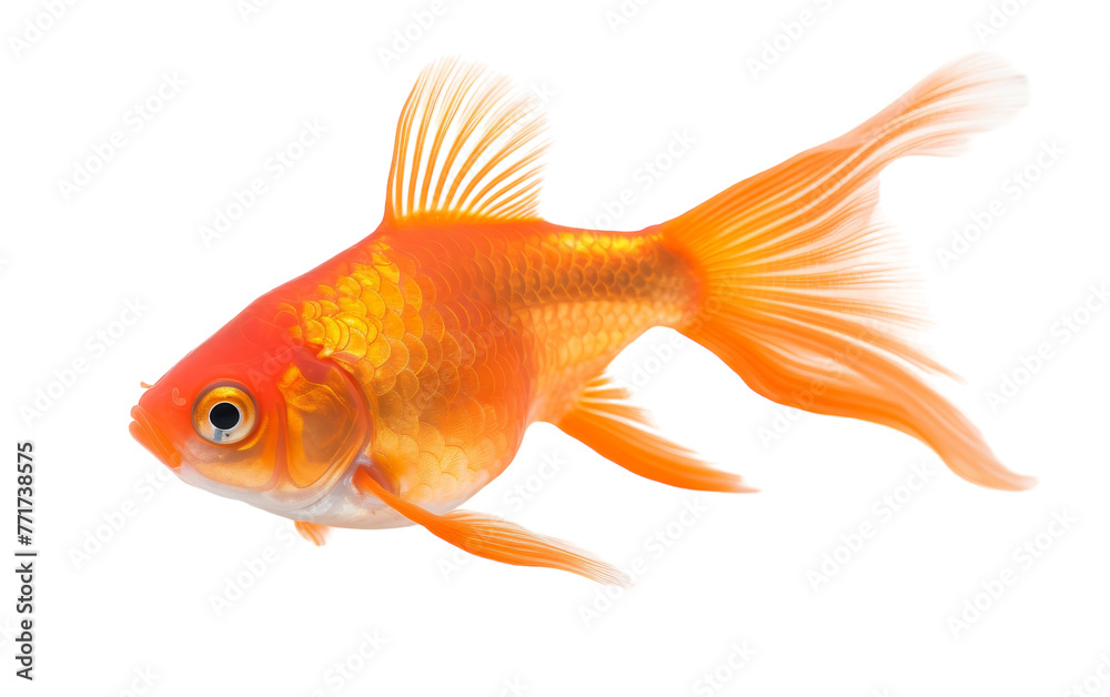 A golden goldfish gracefully swims against a pristine white background