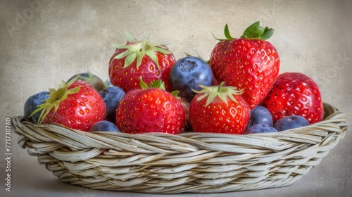  A white tablecloth holds blueberries and strawberries in a woven basket against a gray backdrop