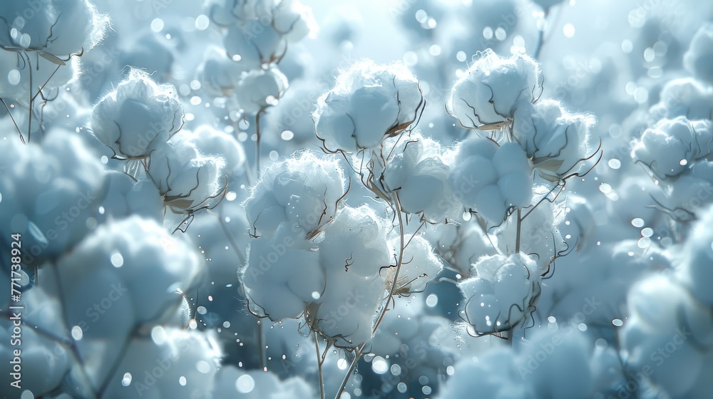  A macro shot of cotton plants with dewdrops adorning the flower tips in the focal point