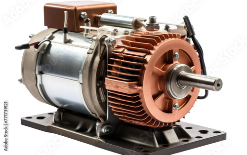 An electric motor sits on a stand against a white backdrop