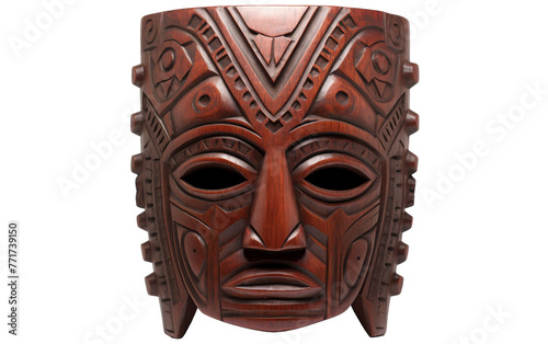 A mysterious wooden mask stands out against a clean white backdrop, exuding an aura of intrigue and ancient symbolism