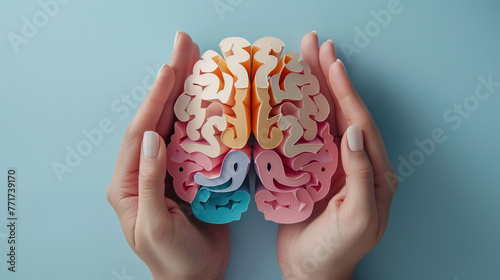 International Parkinson's awareness month concept, 3d pastel color brain illustration in human hands, Alzheimer awareness day, dementia diagnosis,April 11. Poster, banner, card, background.