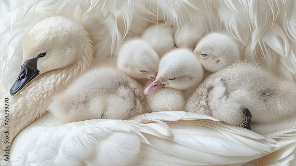 Obraz premium A flock of pure white ducks cozied up together on top of a stack of snowy duvets atop the bed