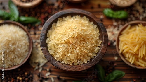  A bowl full of rice on a wooden table surrounded by spices and herbs