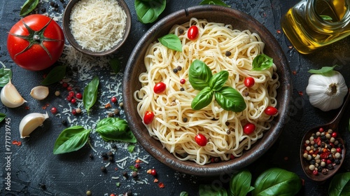  A bowl of pasta topped with fresh basil, ripe tomatoes, sautéed garlic, red pepper flakes, and shaved parmesan cheese