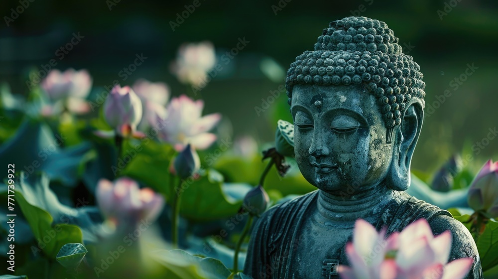 A close-up of a stone Buddha statue in a peaceful garden, surrounded by lotus flowers. The statue is bathed in soft moonlight, evoking a sense of calm and spiritual reflection.