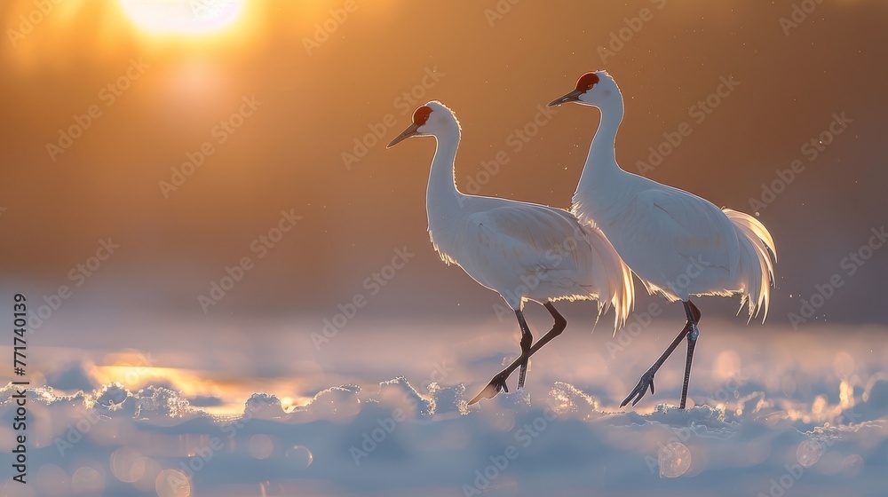 Fototapeta premium Two snow-capped birds perched together on a field, with sunlight in the backdrop