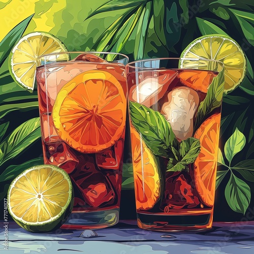 Illustration of two summer cocktails in the tropics with lemon slices on the glasses