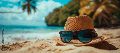 Straw Hat with Sunglasses, Tropical Beach Backdrop