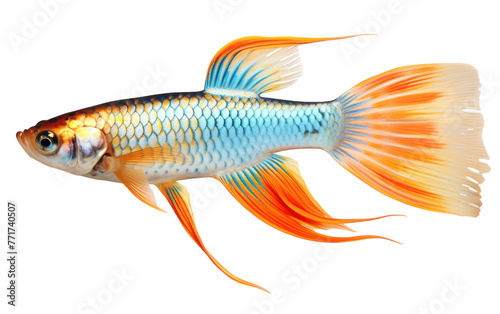 A beautiful goldfish swimming gracefully with its vivid orange and blue fins shining in the water