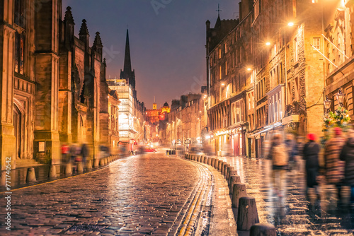 A night view of the High Street, a stretch also known as the Royal Mile, in Edinburgh Old Town, Scotland