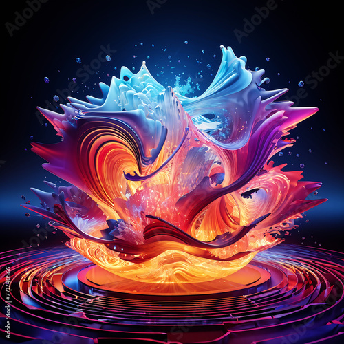 abstract volumetric eruption, fire and water explosion, energy transformation