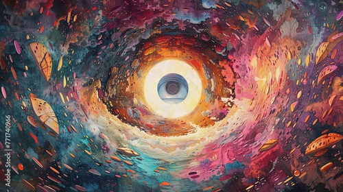 A captivating psychedelic artwork showcasing an eye amidst a vibrant cosmic landscape dotted with celestial bodies.