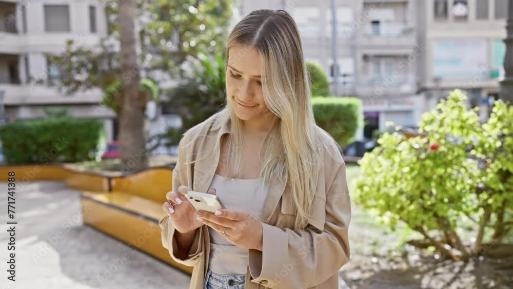 Attractive young blonde woman happily using her phone, immersed in a digital conversation and cheerfully texting outdoors in the green city park Attractive young blonde woman happily using her phone, immersed in a digital conversation and cheerfully texting outdoors in the green city park