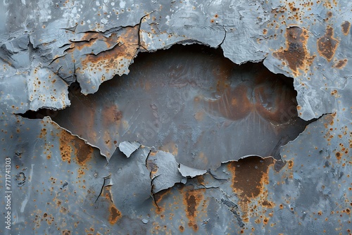 Torn steel metal hole background .