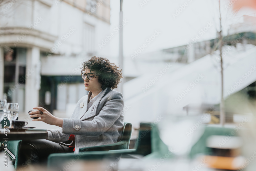 Professional businesswoman checking emails on her smart phone while sitting alone at an outdoor cafe, exemplifying modern entrepreneurship. Professional businesswoman checking emails on her smart phone while sitting alone at an outdoor cafe, exemplifying modern entrepreneurship.