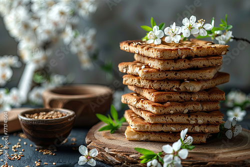 Passover celebration concept. Matzah and spring beautiful white flowers. Traditional ritual Jewish bread © Sunshine