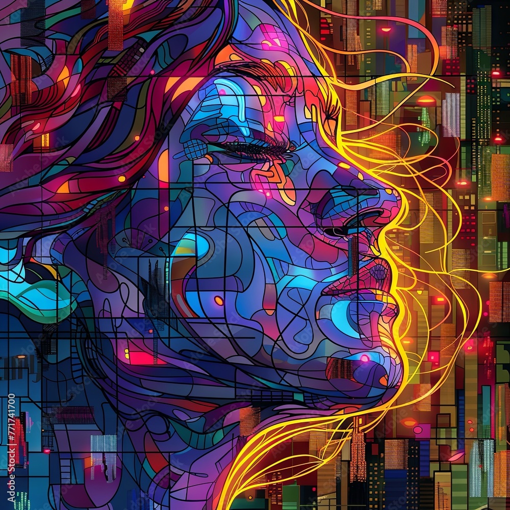 Fototapeta premium Vibrant digital portrait featuring a female cyborg amidst a backdrop of multicolored data bars.