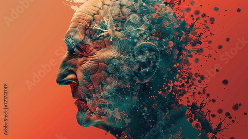 International Parkinson's awareness month concept, old man with degenerative disease logo, Mental health. Stroke, synapses and neurons interaction art, Poster, banner, card, background.