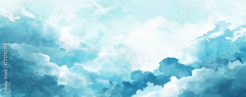 Soft Blue Watercolor Sky with Fluffy Clouds with White Background Style